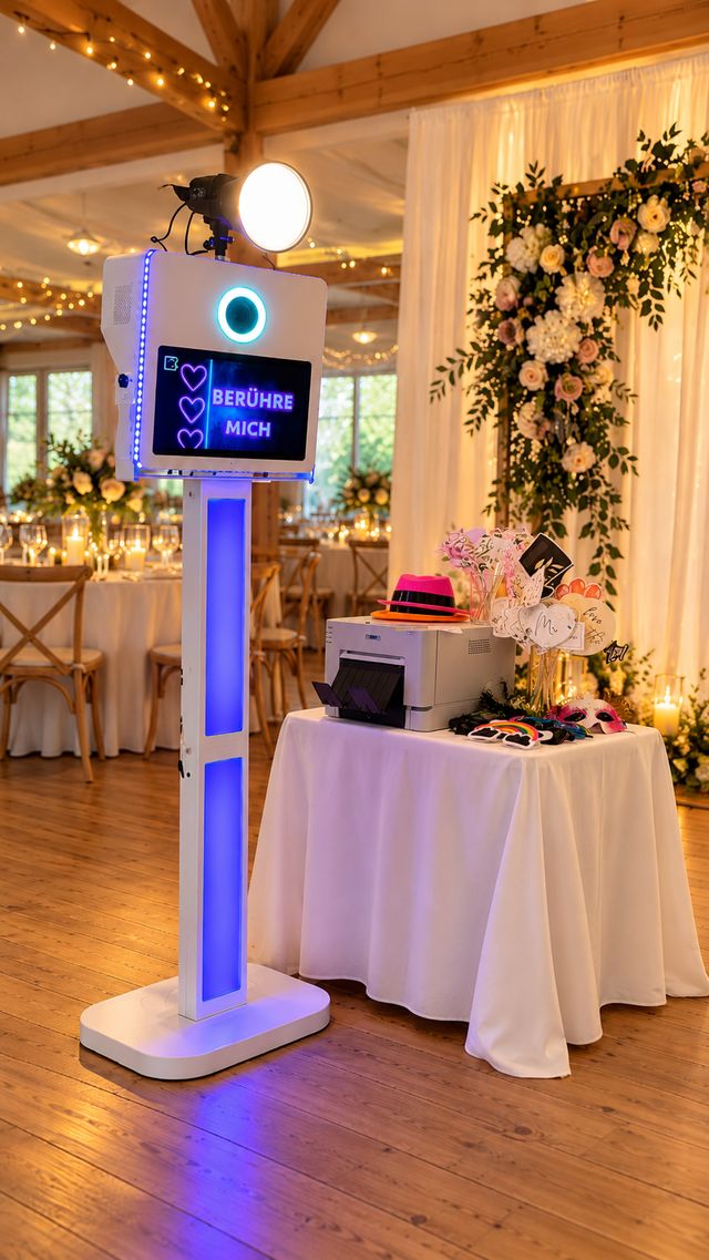 Weiße Fotobox mit blauer Beleuchtung neben Drucker und Requisiten bei einer Hochzeit
