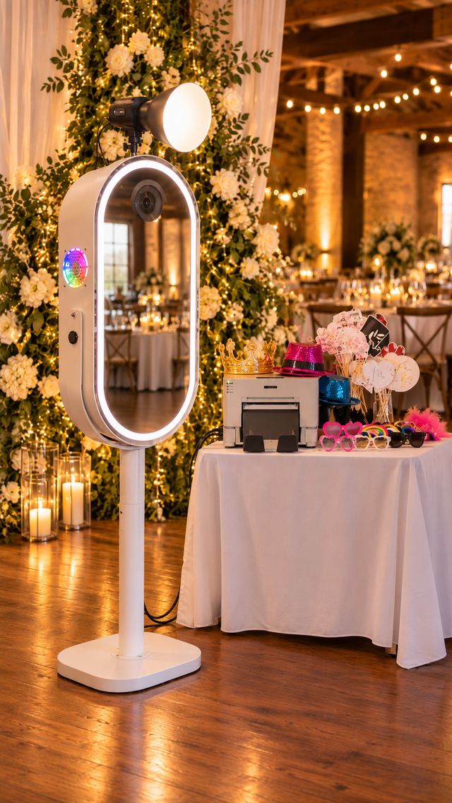 Spiegel-Fotobox mit Ringlicht vor Blumenwand und Lichterketten