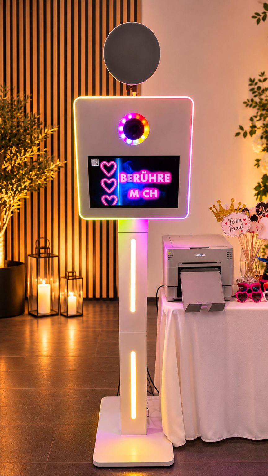 Fotobox von Foto Funkel mit Touchscreen, Ringlicht und farbigem LED-Rahmen, daneben Drucker und Accessoires